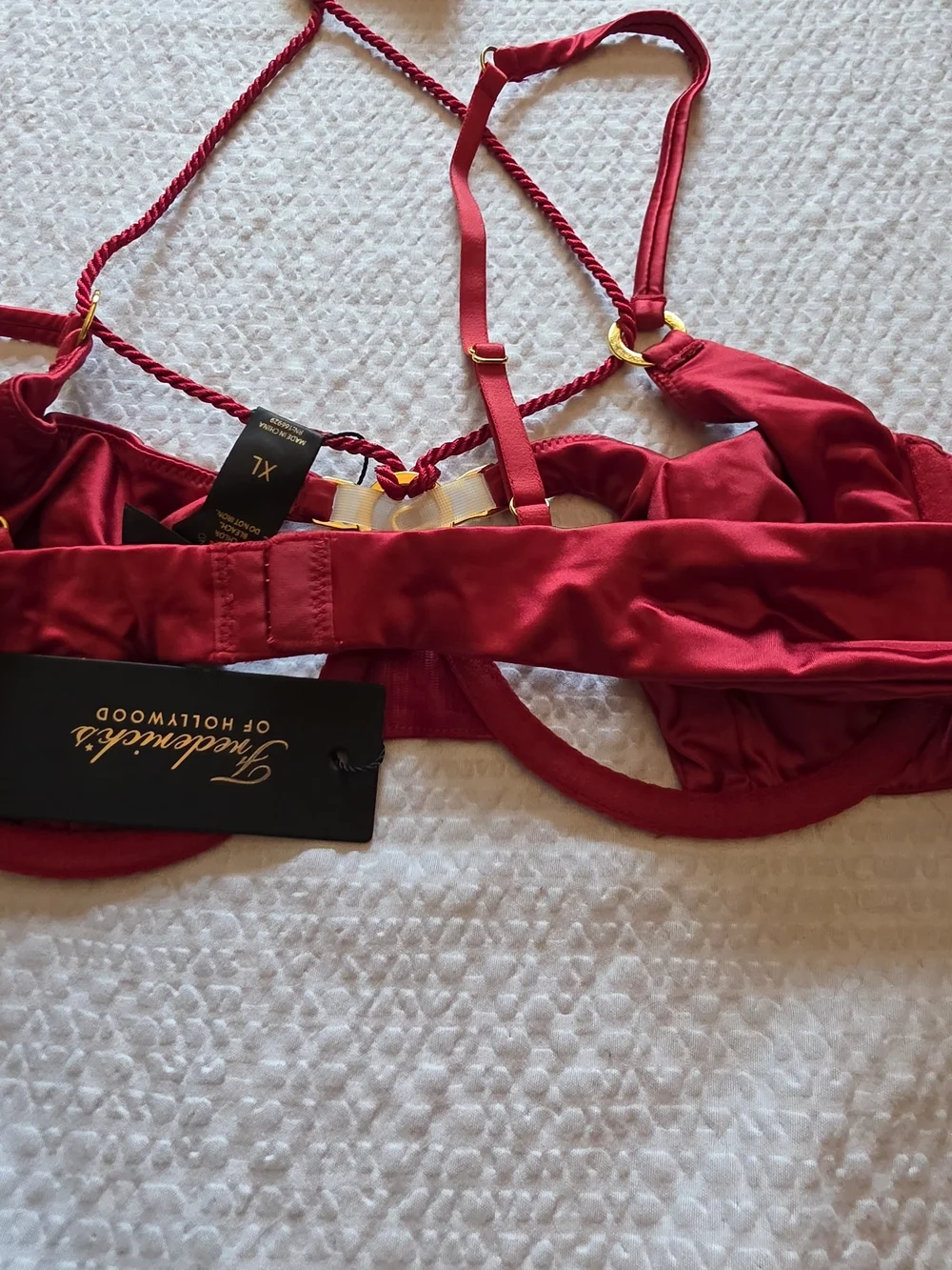 Frederick's of Hollywood Crimson Satin Underwire Bra with Gold Accents And Rope